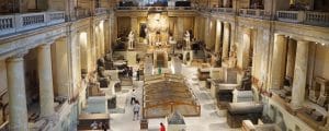 The interior of the historic Egyptian Museum in Tahrir Square, Cairo, featuring the world-famous treasures and artifacts of ancient Pharaohs.