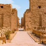 a wonderful view of the entrance to the karnak temple where the huge rocky gates and the rams sitting in front of the temple appear