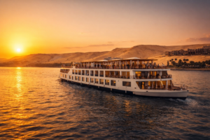 A premium Dahabiya Nile cruise boat sailing on the Nile River in Egypt during a golden sunset, featuring elegant wooden decks and a royal atmosphere