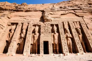 The colossal statues of R15 Days Honeymoon Egypt - Majestic Temples of Abu Simbelamses II at the entrance of the Great Temple of Abu Simbel in Aswan, Egypt