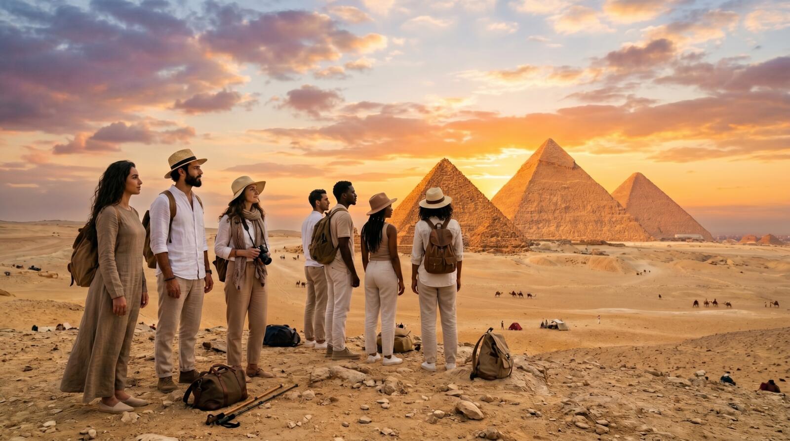 A group of well-dressed travelers standing on a sand dune overlooking the Pyramids of Giza during a vibrant sunset.