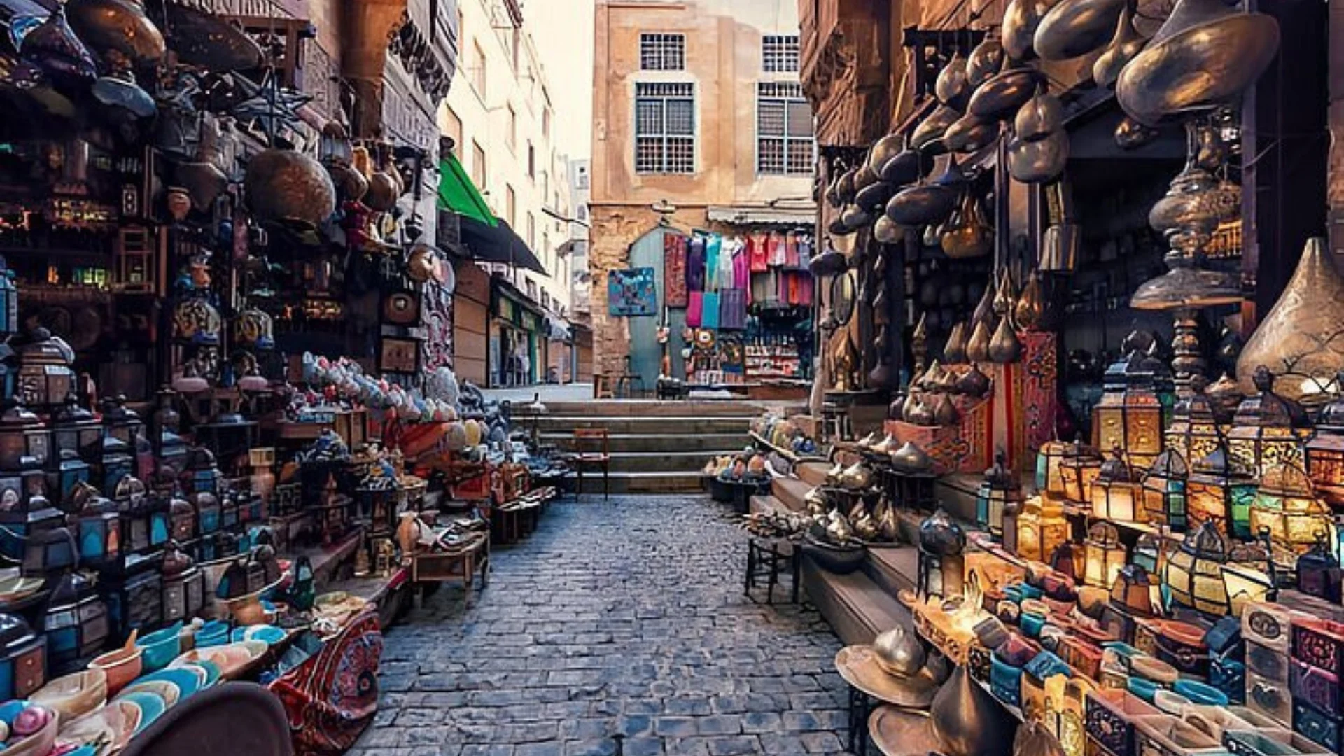 A view through a historic stone archway into a bustling alley of Khan El-Khalili bazaar in Cairo, filled with glittering traditional lanterns, brassware, and colorful artisanal crafts.
