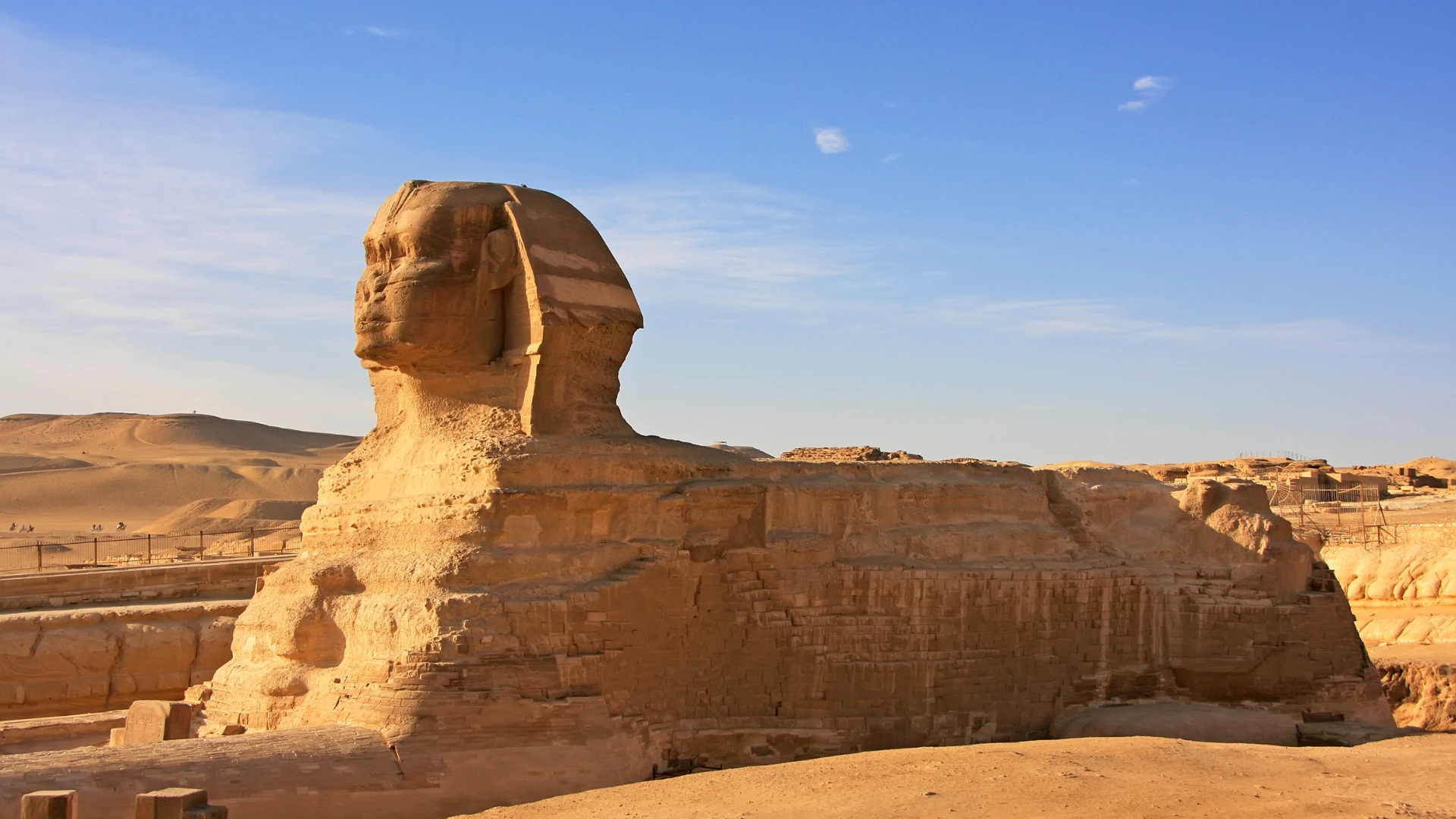 Side view of the Great Sphinx of Giza with a clear blue sky background