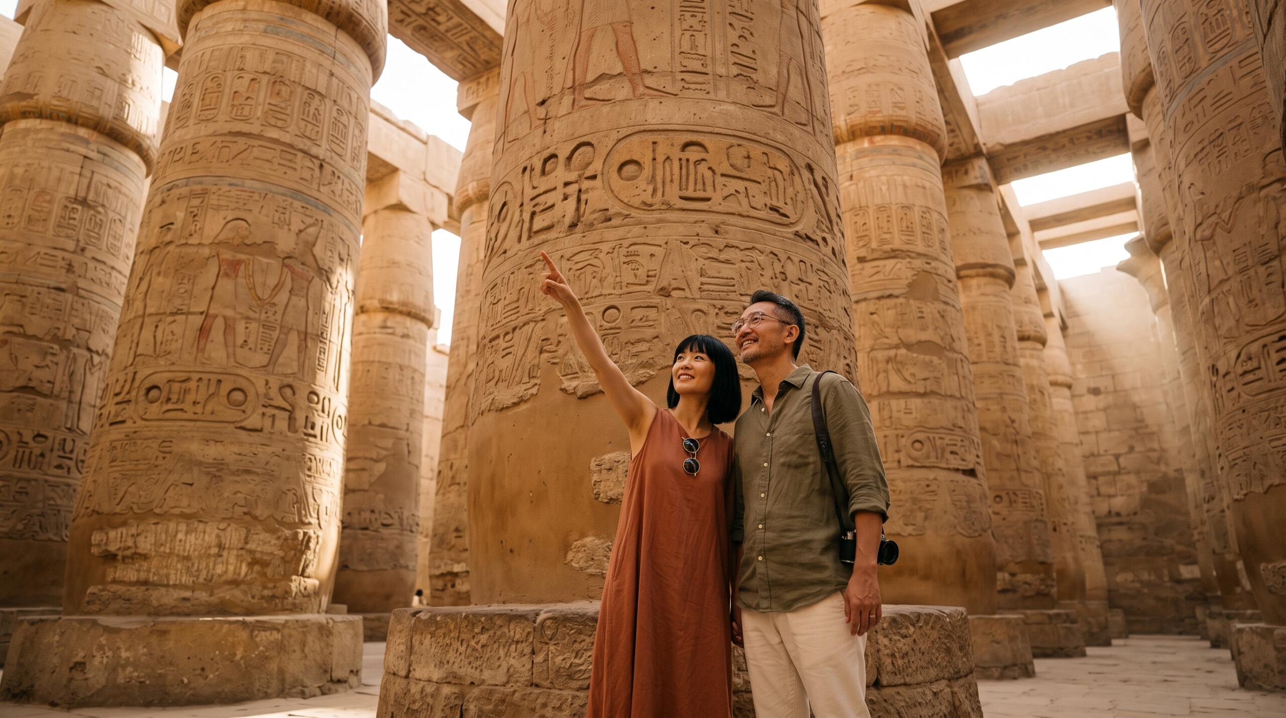 Couple standing in the Great Hypostyle Hall at Karnak Temple pointing to ancient Egyptian hieroglyphic carvings on massive stone columns