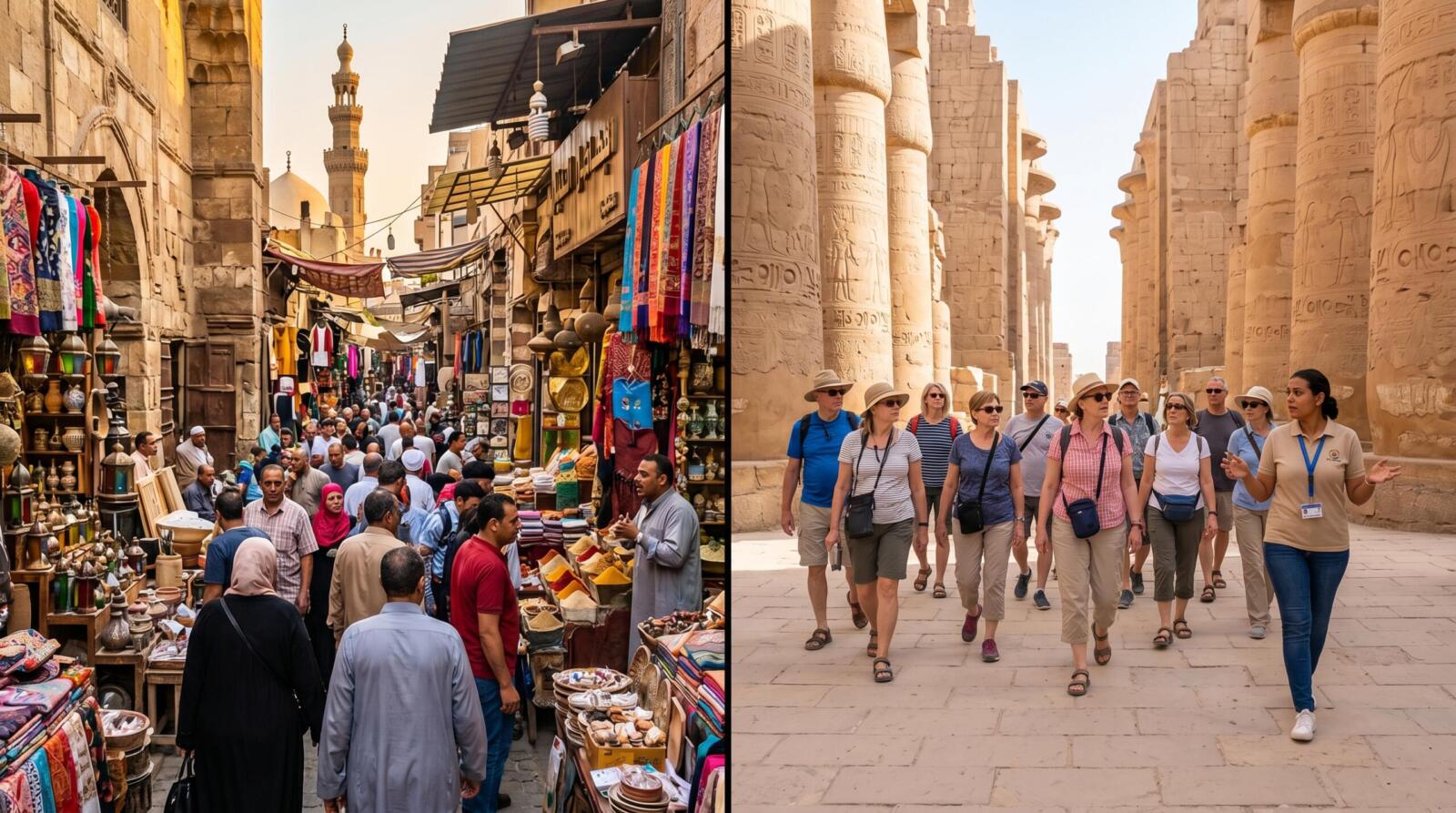 A split-screen showing a busy Egyptian market on one side and a professional guided tour at a temple on the other.
