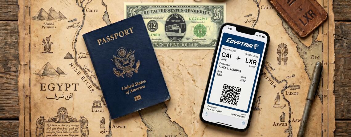 A flat lay photo on an ancient map featuring a US passport, a 25-dollar bill, and a smartphone displaying an EgyptAir digital boarding pass.