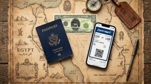 A flat lay photo on an ancient map featuring a US passport, a 25-dollar bill, and a smartphone displaying an EgyptAir digital boarding pass.