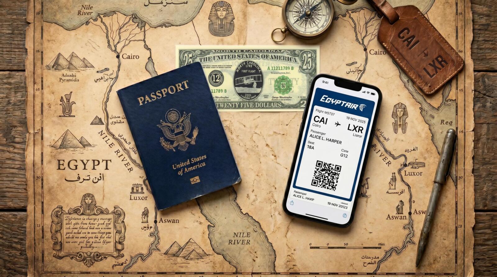 A flat lay photo on an ancient map featuring a US passport, a 25-dollar bill, and a smartphone displaying an EgyptAir digital boarding pass.
