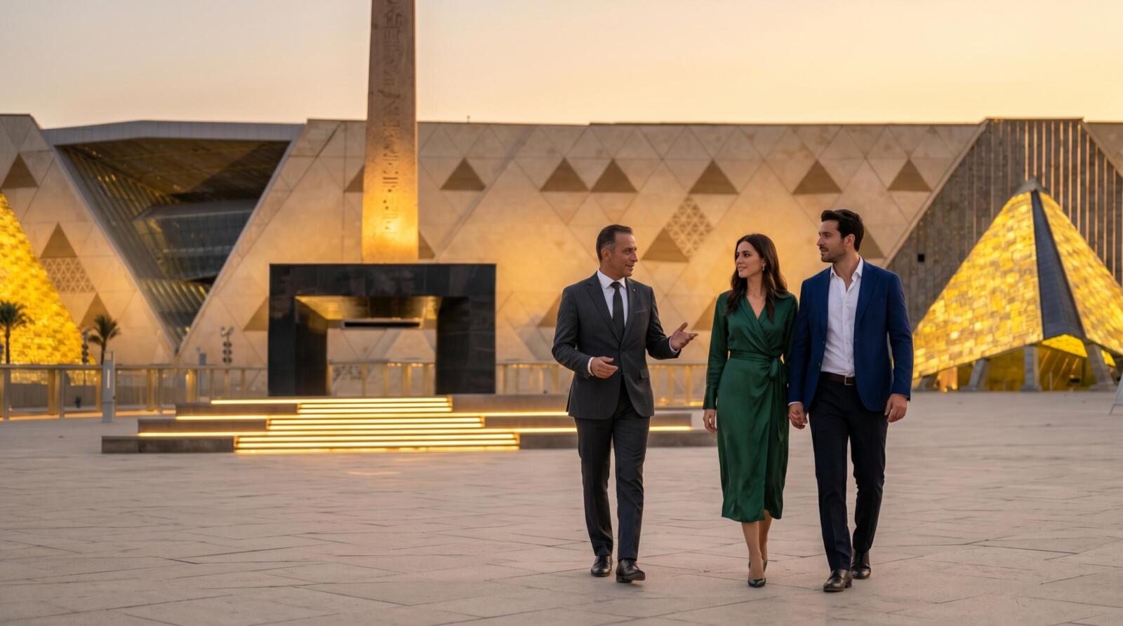 A professional Top Class Egypt Travel guide in a suit leading a well-dressed couple across the illuminated plaza of the Grand Egyptian Museum at sunset, with the Hanging Obelisk in the background.