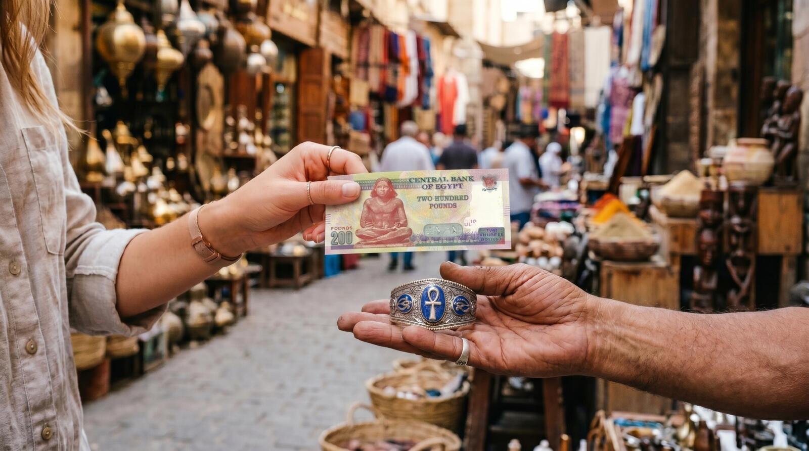 A close-up shot of a traveler’s hand exchanging a 200 Egyptian Pound note for a handcrafted silver ankh bracelet in a vibrant, high-end Cairo market.