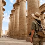 An over-the-shoulder shot of a traveler with a camera and backpack looking up at the massive hieroglyph-covered columns of Karnak Temple.