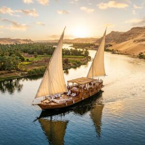 Luxury Dahabiya wooden sailing boat cruising on the calm Nile River between Luxor and Aswan Egypt at sunset