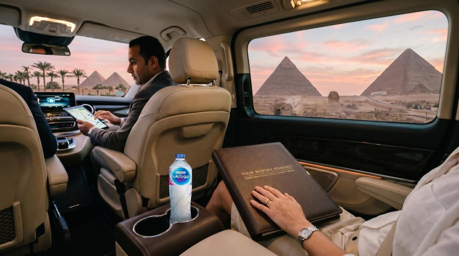 A breathtaking view of the Pyramids of Giza and the Sphinx seen through the window of a premium luxury vehicle with high-end leather interiors.