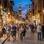 A group of tourists walking through a brightly lit, historic Egyptian market street at night with a visible "Police" security booth and officers nearby.