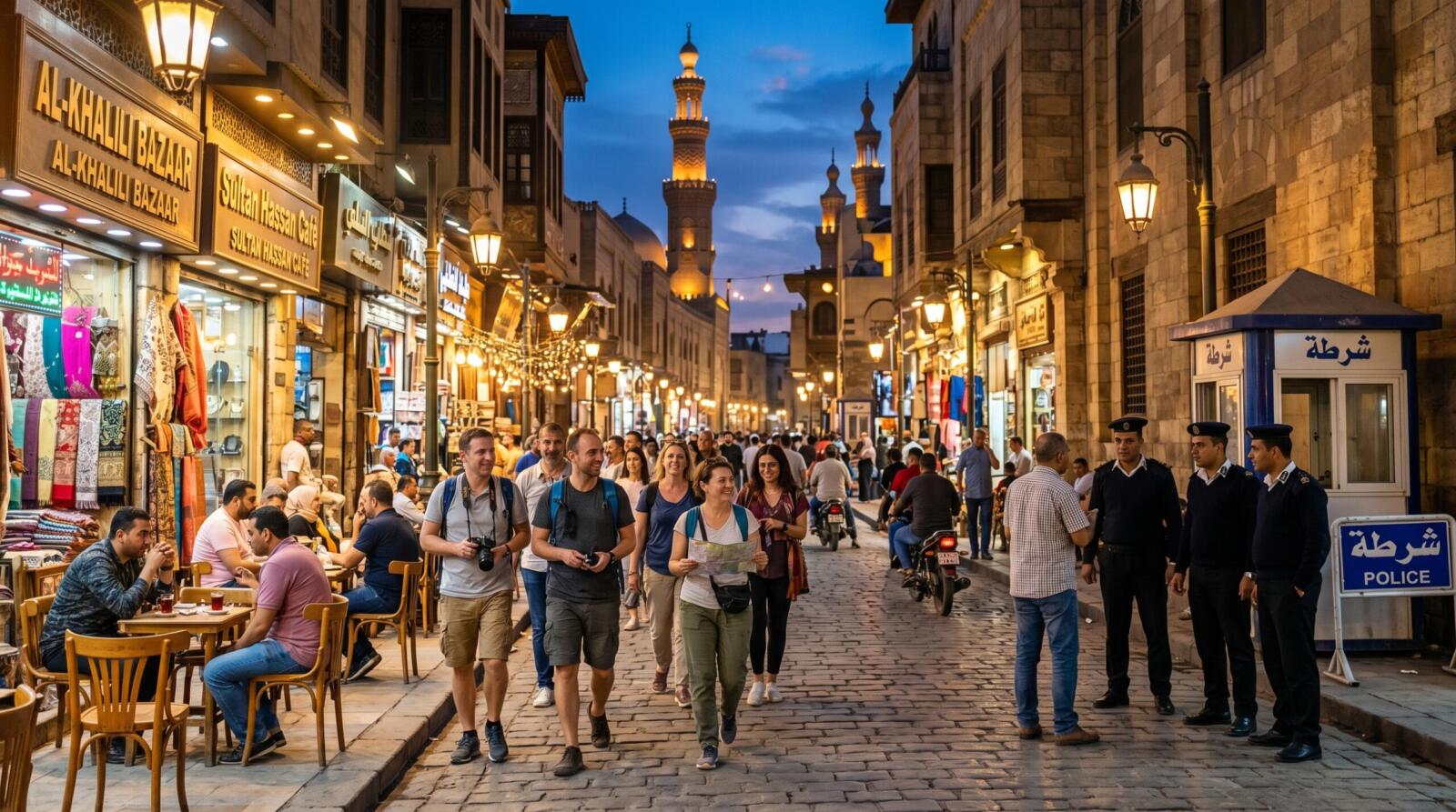 A group of tourists walking through a brightly lit, historic Egyptian market street at night with a visible "Police" security booth and officers nearby.