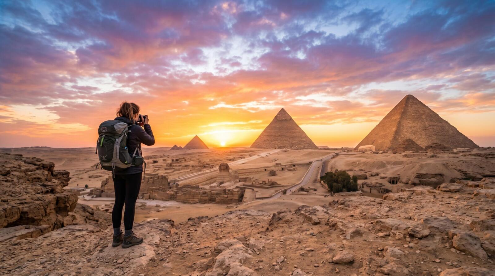 A female solo traveler with a backpack taking a photo of the Great Pyramids and Sphinx during a golden sunrise in Giza, Egypt.