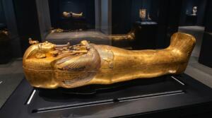 King Tutankhamun solid gold innermost coffin sarcophagus on display inside the Egyptian Museum