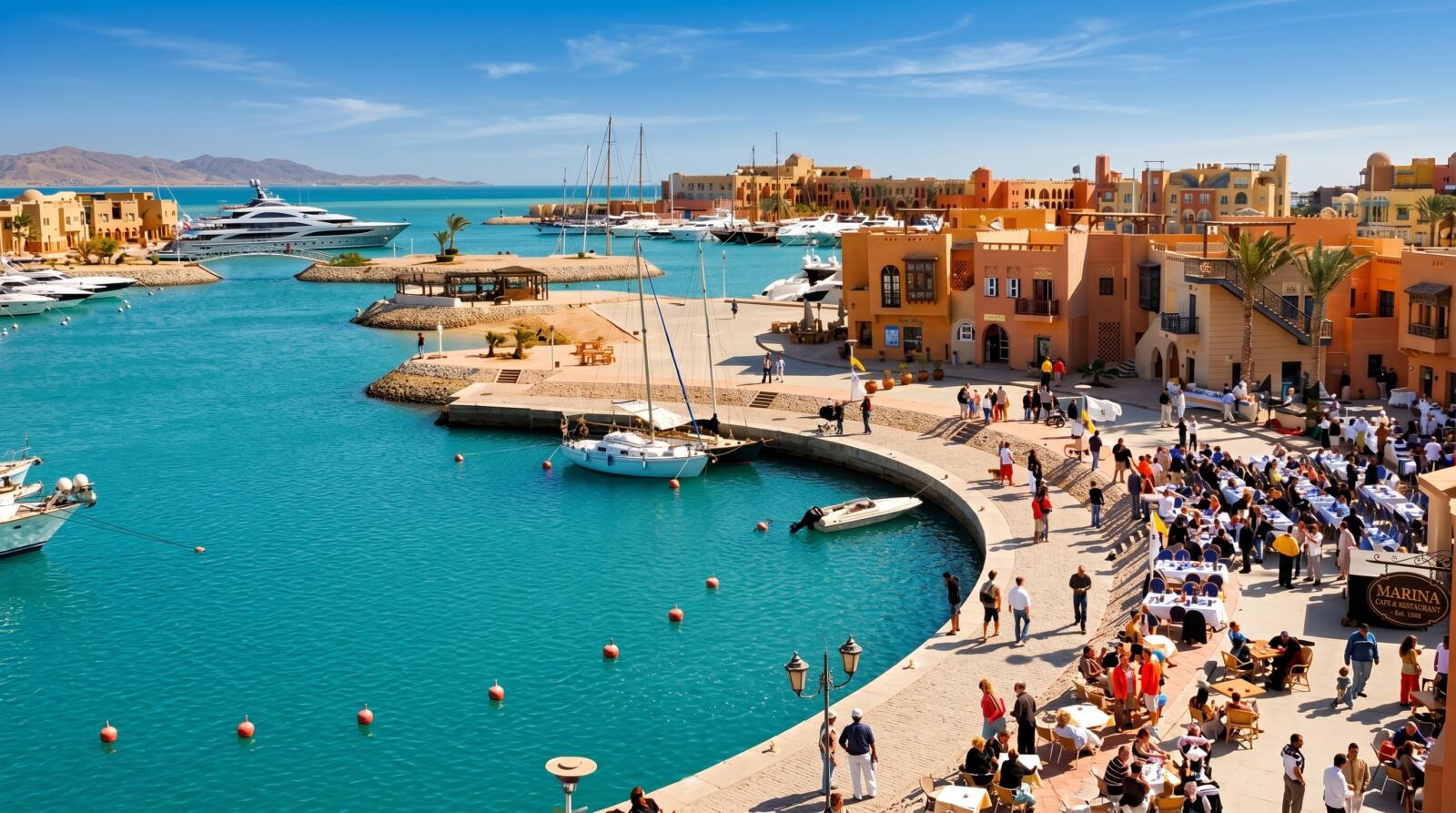An elevated, wide-angle view of El Gouna Marina featuring luxury yachts moored in vibrant turquoise water, an active promenade lined with outdoor cafes, and Mediterranean-style terracotta buildings under a clear blue sky.