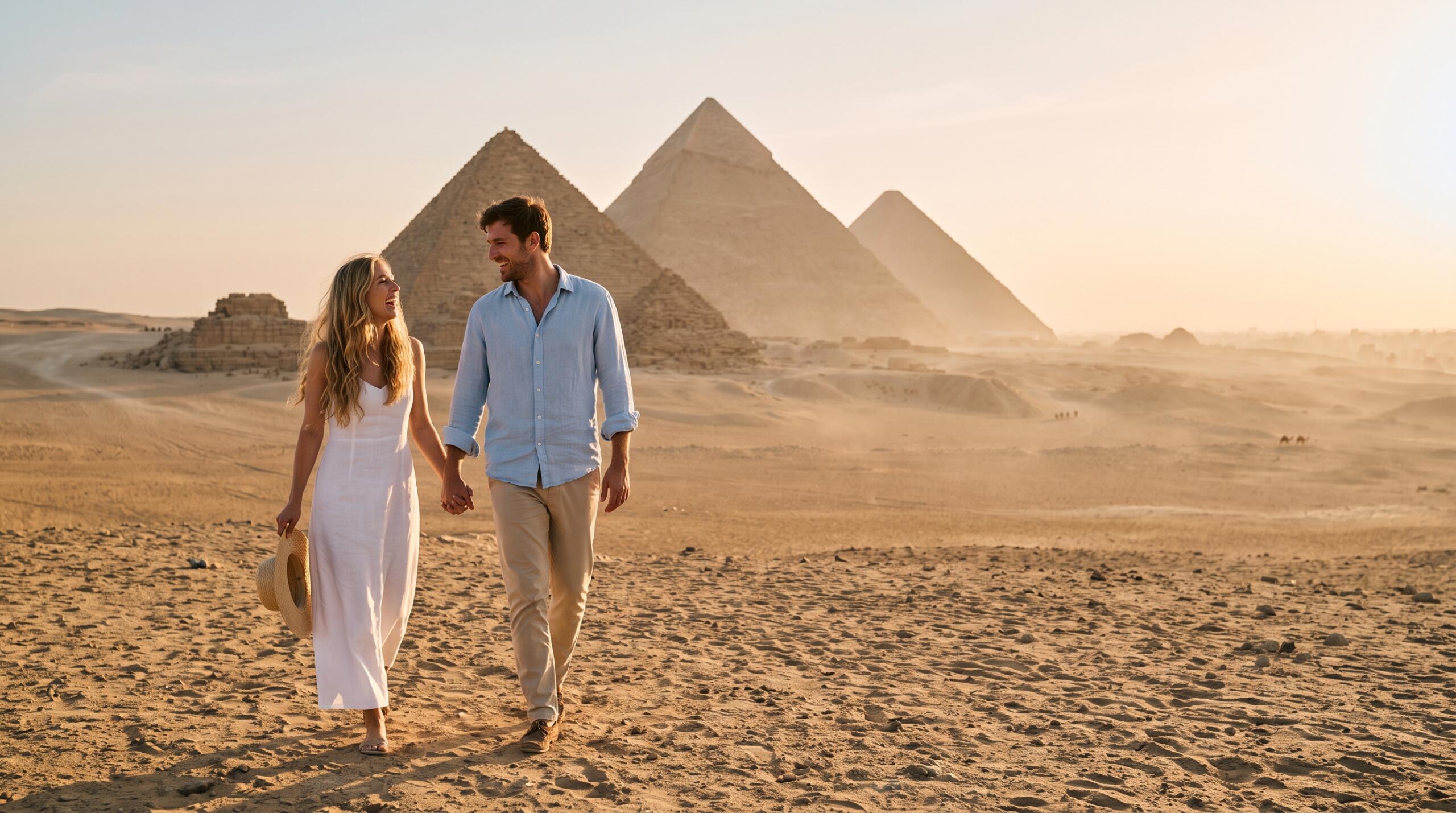 Smiling couple holding hands and walking in the desert sand with the ancient Giza Pyramids under warm sunlight