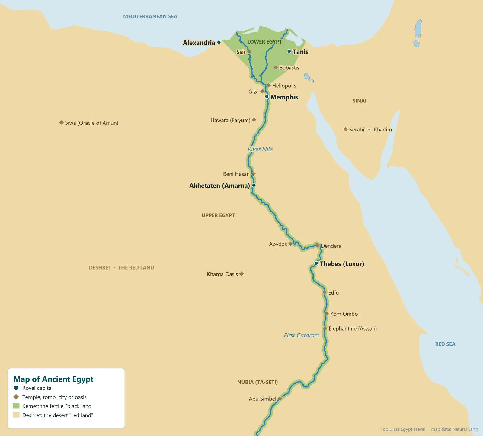 Map of ancient Egypt showing Upper and Lower Egypt, the capitals Memphis, Thebes, Amarna, Tanis and Alexandria, the Nile valley and delta, Nubia and the desert oases