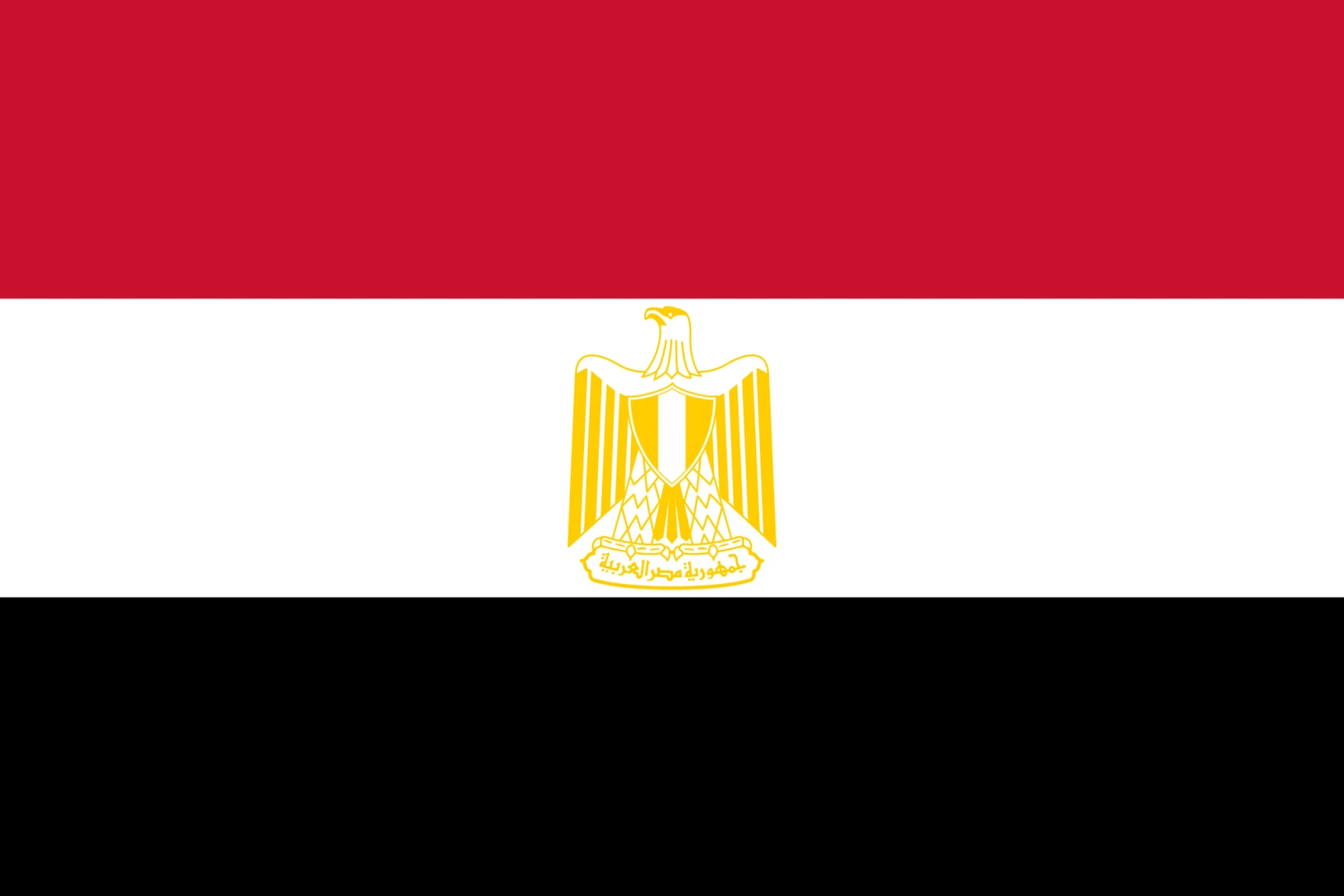 The flag of Egypt: red, white and black stripes with the golden Eagle of Saladin
