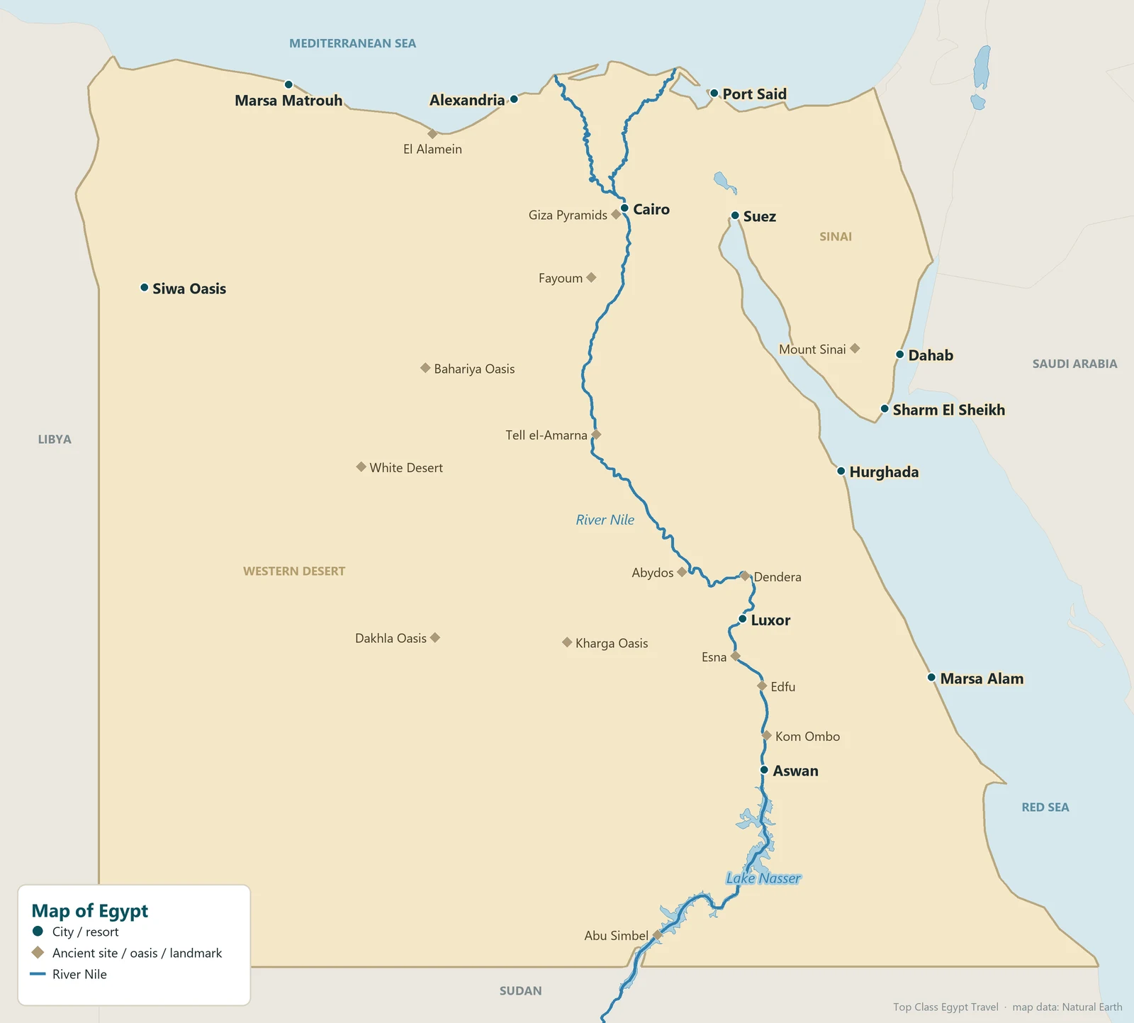 Map of Egypt showing Cairo, Alexandria, Luxor, Aswan, Abu Simbel, Hurghada, Sharm El Sheikh, the oases of the Western Desert and the River Nile